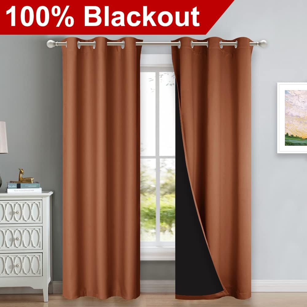 NICETOWN Full Shade Curtain Panels, 37" Wide x 80" Long, Burnt Orange, Pair of Thermal Insulated & Energy Efficiency Blackout Drapes for Living Room, Lined Silky Performance Window Dressing
