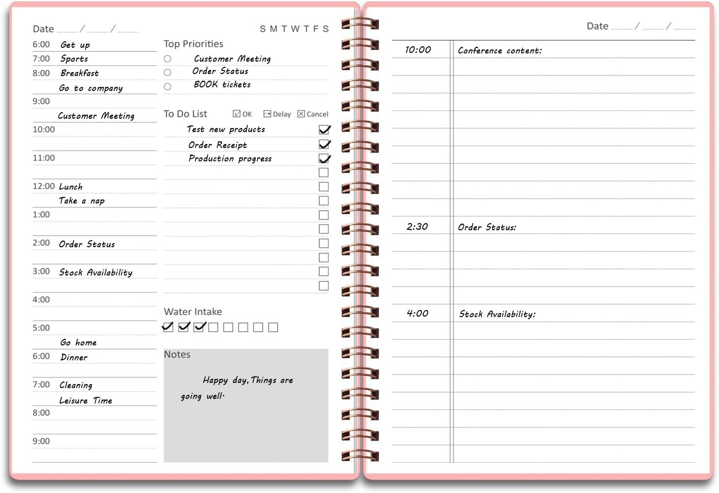 Tiankool Undated Daily Planner,Undated Planner with Hourly Schedules, Top Priorities Items and To Do List, A5 Daily Organizer Notebook to Increase Productivity, 5.8 × 8.2 Inch,Pink