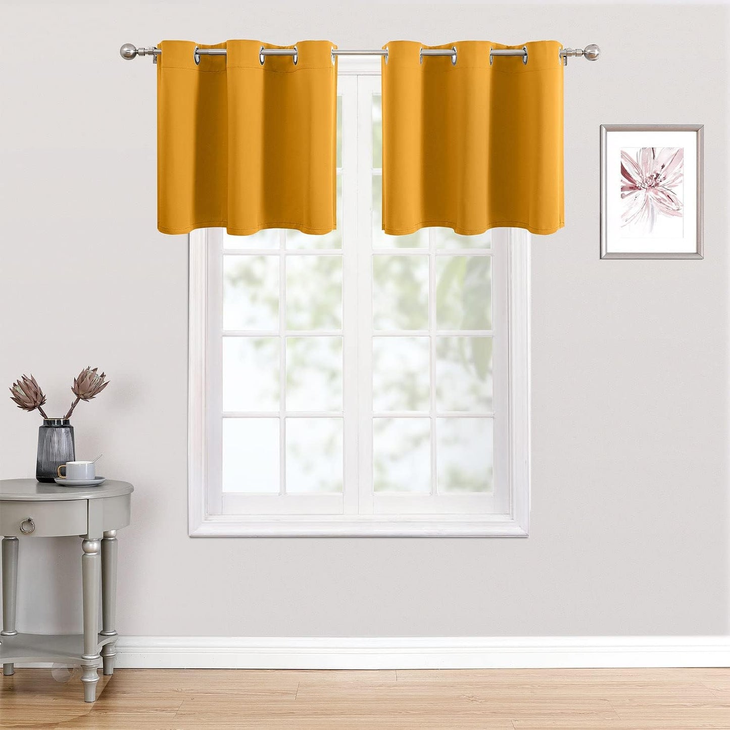 ChrisDowa Small Kitchen Valances for Windows - Grommet Short Thermal Insulated Room Darkening Window Valances Curtains for Living Room (2 Panels, Mustard Yellow, 52 x 18 Inch)