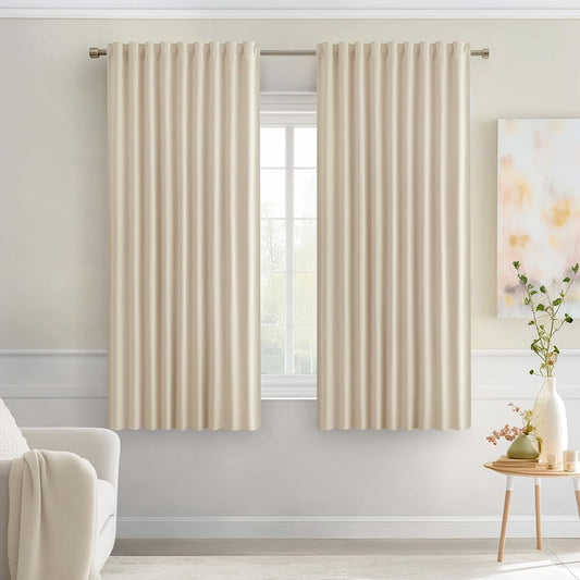 MIULEE Cream Beige Back Tab Light Blocking Curtains 63 Inch Length 2 Panels Set for Living Room Bedroom Privacy, Rod Pocket/Pinch Pleat Thermal Insulated Room Darkening Pleated Blackout Drapes