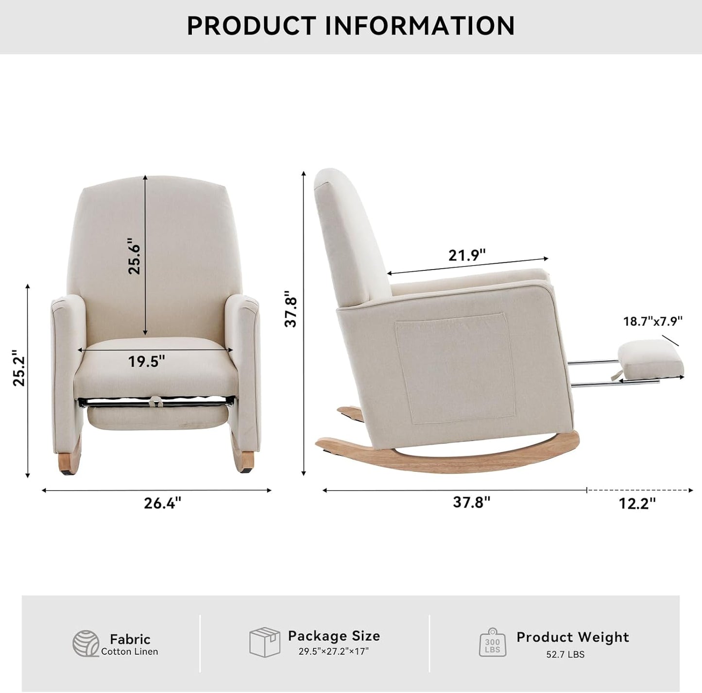 FOXHUNTER Rocking Chair Nursery with Adjustable Footrest and High Backrest, Upholstered Glider Chairs with Side Pockets for Nursery, Rocker Armchair Indoor for Living Room,Beige