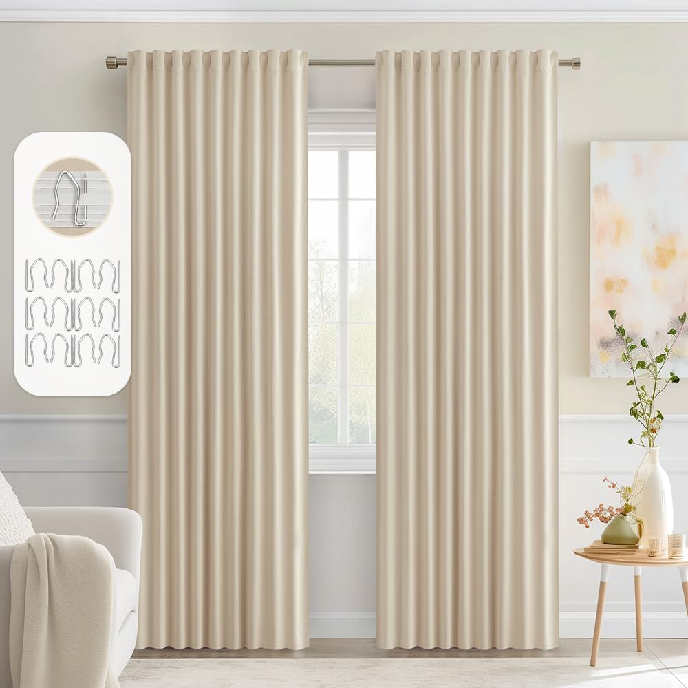 MIULEE Cream Beige Back Tab Light Blocking Curtains 72 Inch Length 2 Panels Set for Living Room Bedroom Privacy, Rod Pocket/Pinch Pleat Thermal Insulated Room Darkening Pleated Blackout Drapes