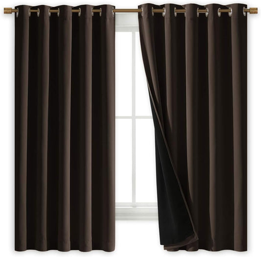 NICETOWN Complete 100% Blackout Curtains, Thermal Insulated & Energy Efficiency Window Draperies with Black Liner, Noise Reducing Short Curtains for Kids Room (Brown, 70-inch W by 63-inch L, 2 Panels)