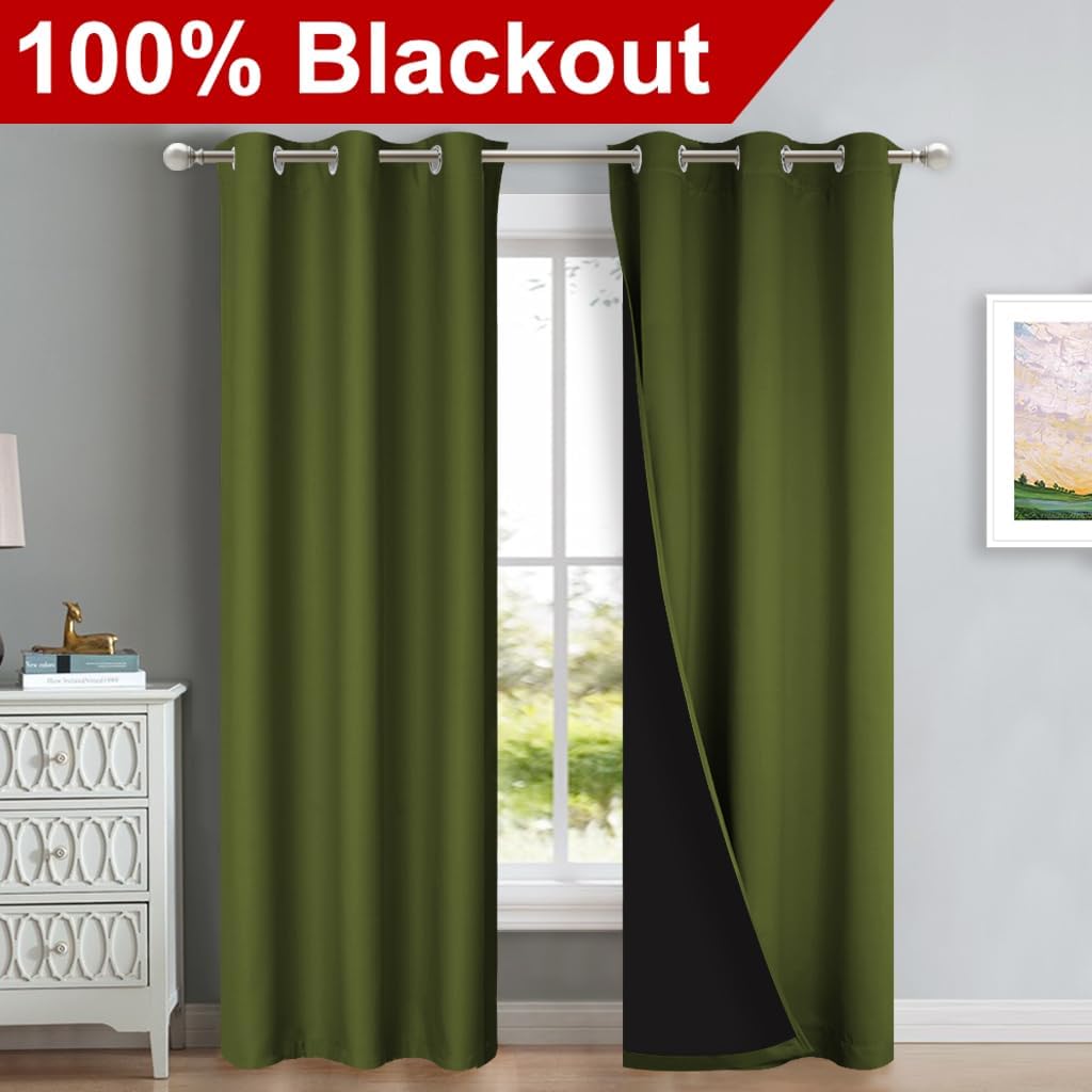 NICETOWN Blackout Curtains 80 inches Long, 2 Pieces, 42" Wide Each Panel, Olive Green, Full Light Blocking Drapes with Black Liner for Nursery, Thermal Insulated Draperies for Hall, Villa