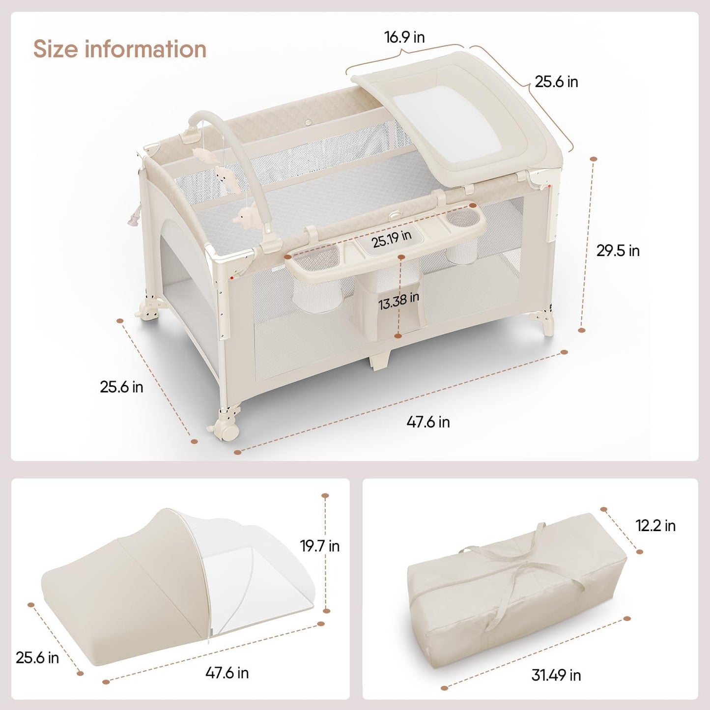 4 in 1 Baby Bassinet, Pack and Play, Bedside Crib Sleeper, Diaper Changer - Comes with Mattress, Mosquito Net，Bottom Storage and Toy Bar for Newborn to Toddles