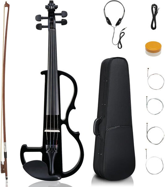 Ktaxon Full Size Electric Violin, 4/4 Acoustic Silent Electric Violin for Beginner Adults Teens with Ebony Fittings, Case, Bow, Headphone, Rosin and Extra String (Black)