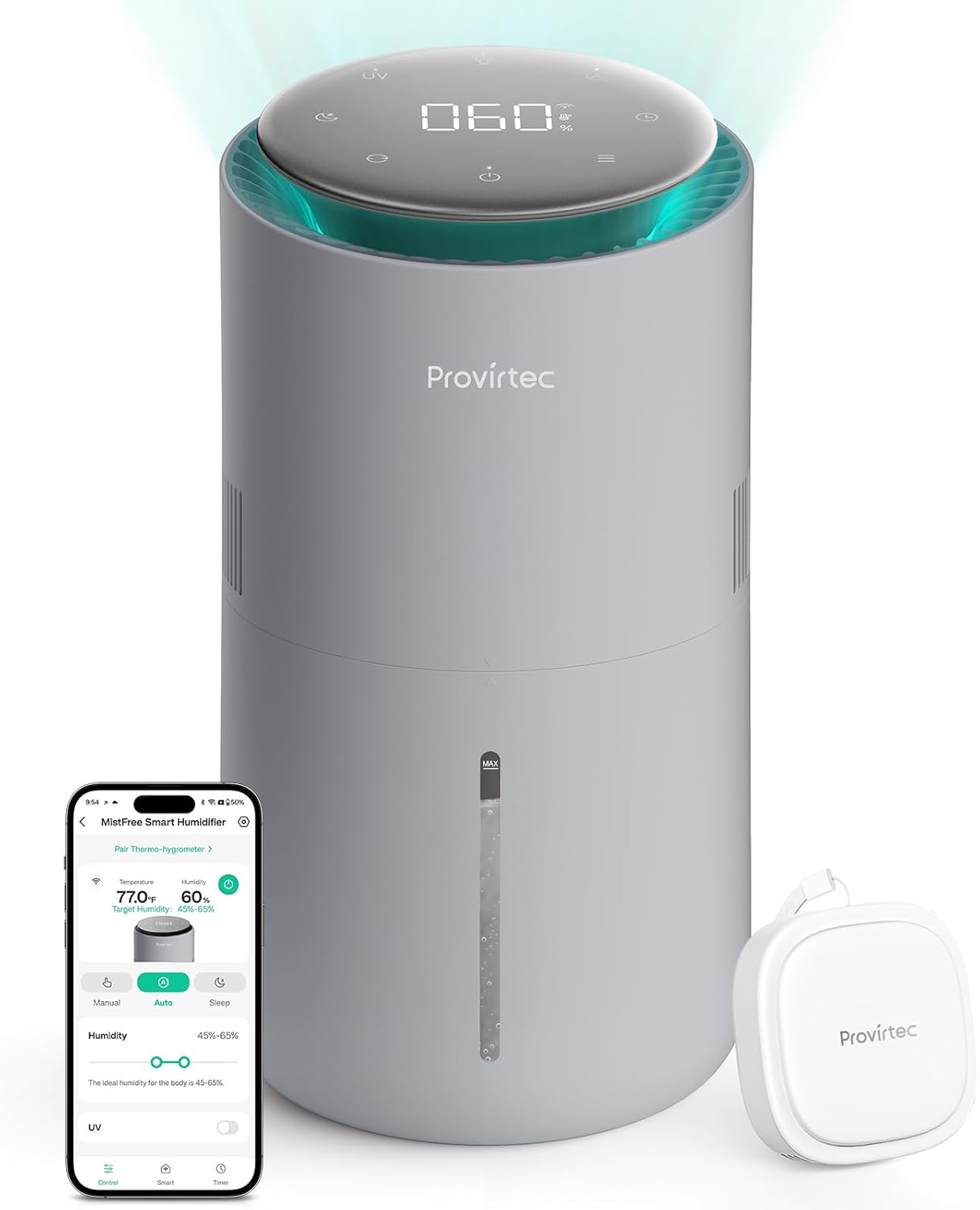 MistFree Smart Humidifier for Bedroom, Evaporative Humidifier No White Dust, Auto Humidity & APP Control, 3L Water Tank Easy to Clean, Sleep Mode, Timing, Humidifiers for Nursery/Baby(Gray)