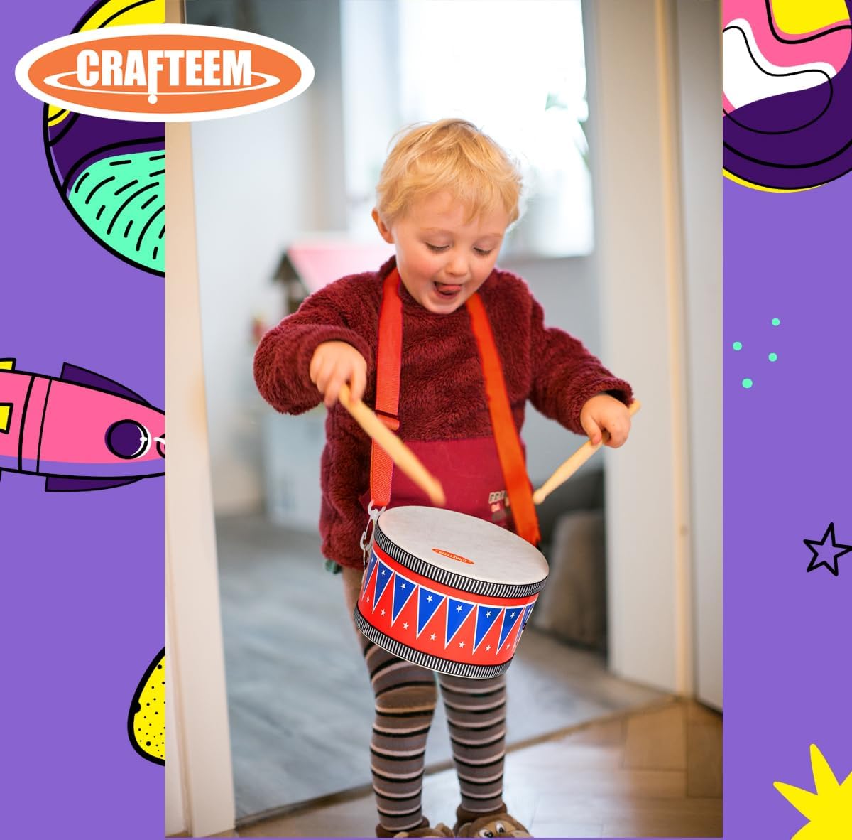 Wooden Kids Drum Set for Toddlers - Baby Musical Toy w/Wrist Bells, Drum Sticks & Fun Drum Instrument for Boys & Girls - Educational Christmas Birthday Gift.