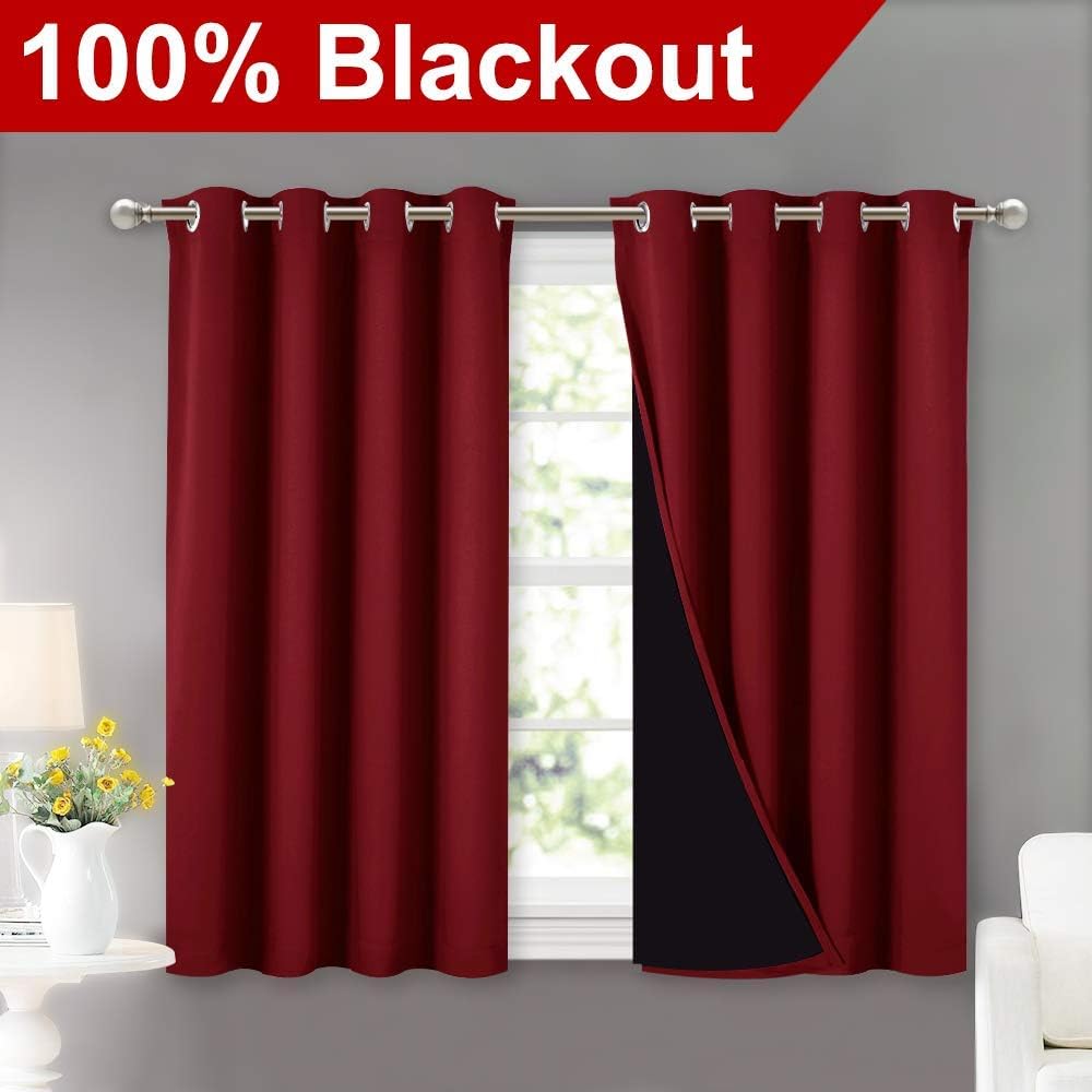 NICETOWN Kitchen Full Blackout Curtain Panels, Super Thick and Soft Insulated Window Covers, 100% Blackout Draperies with Black Backing for Cafe Window (Burgundy Red, Set of 2 PCs, 52 by 45-inch)