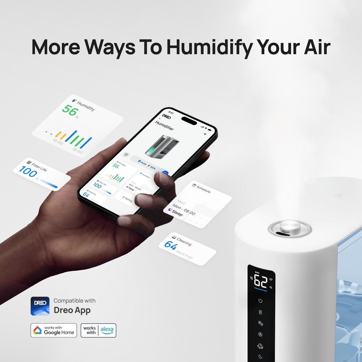 Dreo 6L Humidifiers for Bedroom, Smart Warm & Cool Mist for Large Room, 60Hr Quiet Runtime for Baby, Plant, Humidity Sensor, Indicator Light, 12H Timer, Google/Alexa, Blue