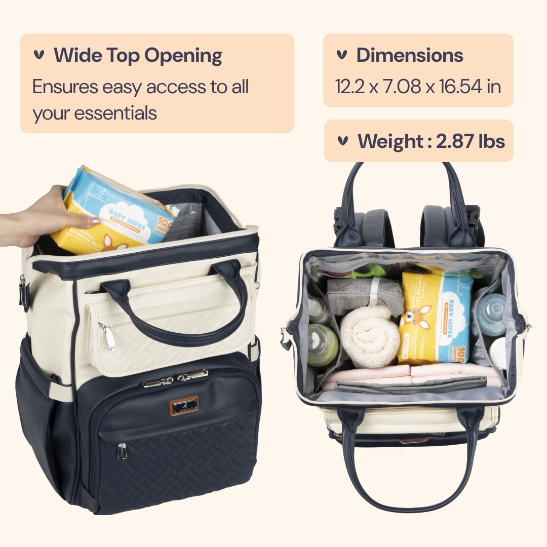 BabbleRoo Leather Diaper Bag Backpack, Multifunction Large Bags with Changing Pad & Stroller Straps Pacifier Case, Unisex Stylish Travel Back Pack Nappy for Moms Dads (Blueberry Cream)