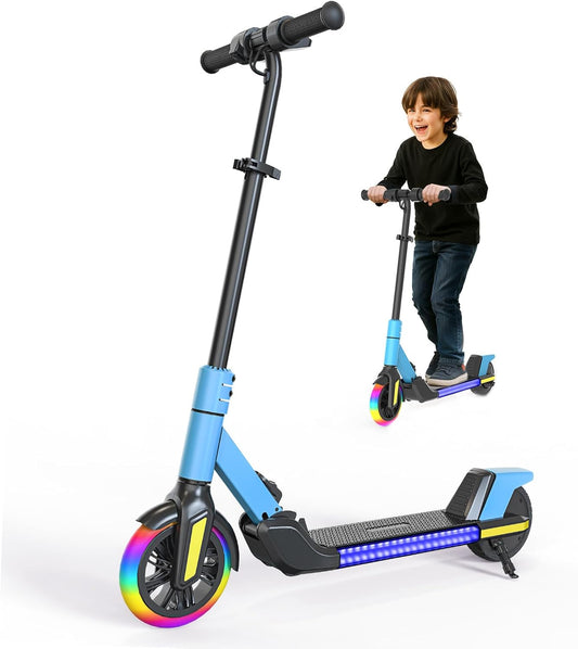 Electric Scooter for Kids Ages 6-12， Max Speed 6.5MPH, max Range 6Miles， with Acceleration Throttle and Electronic Brake， Foldable and Height Adjustable Kids Electric Scooter
