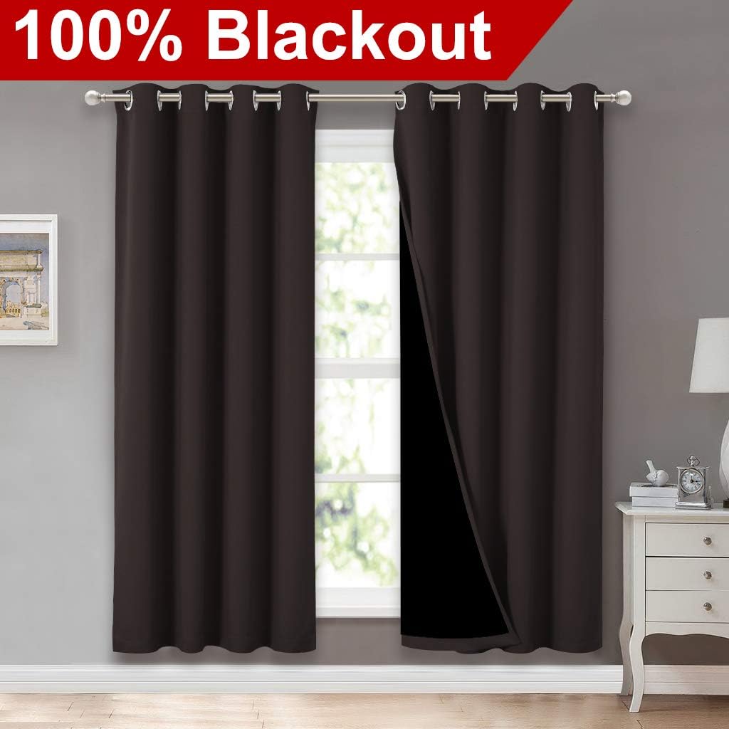 NICETOWN 100% Blackout Window Curtain Panels, Full Light Blocking Drapes with Black Liner for Nursery, 72 inches Drop Thermal Bedroom Drapes and Curtains (Brown, 2 Pieces, 52 inches Wide Per Panel)