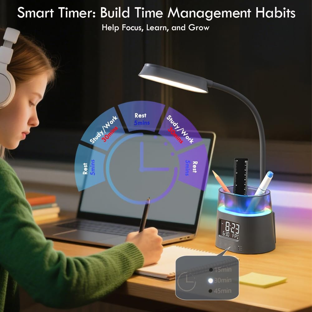 WILIT LED Desk Lamp for College Dorm Room Essentials, Students Study Lamp with Charging Station, Pen Holder, Clock & RGB Night Light, Office Desk Accessories, Table Lamp for Bedroom - Gray