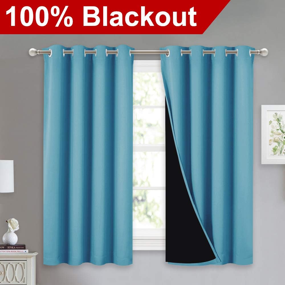 NICETOWN 100% Blackout Curtains with Black Liners, Thermal Insulated Full Blackout 2-Layer Lined Drapes, Energy Efficiency Window Draperies for Boy's Room (Teal Blue, 2 Panels, 52-inch W by 54-inch L)