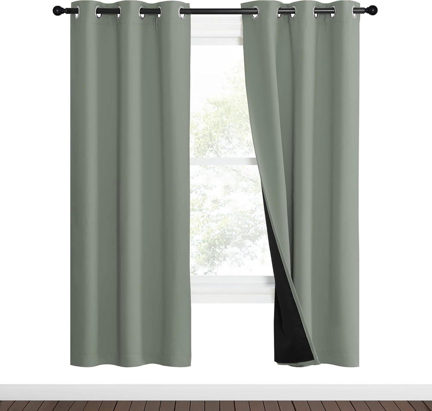 NICETOWN 100% Blackout Window Curtain Panels, Heat and Full Light Blocking Drapes with Black Liner for Nursery, 70" Drop Thermal Insulated Draperies (Greyish Green, 2 Pieces, 37" Wide Each Panel)
