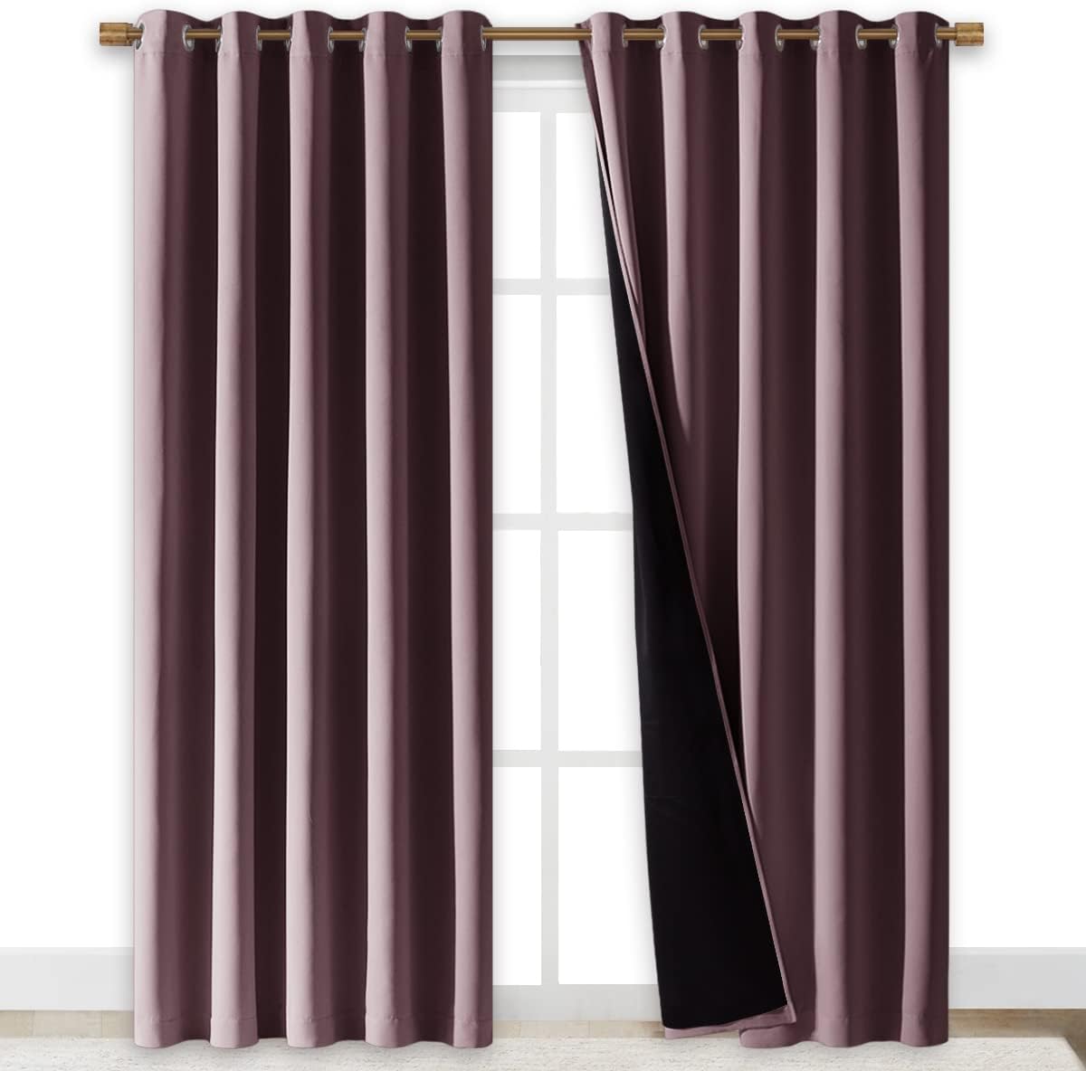 NICETOWN 100% Blackout Window Curtain Panels, Cold and Full Light Blocking Drapes with Black Liner for Nursery, 84 inches Drop Thermal Insulated Draperies (Dry Rose, 2 PCs, 70 inches Wide Each Panel)