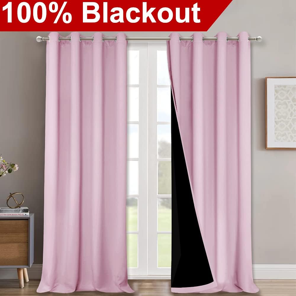 NICETOWN 100% Blackout Blinds, Set of 2, 46" x 102", Baby Pink, Laundry Room Decor Window Treatment Curtains for Large Patio Sliding Door, Thermal Insulated Curtains for Bedroom