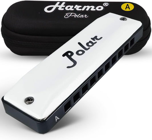 Harmo Polar Diatonic Harmonica Key of A - 10 Holes 20 Notes, Blues Harp Mouth Organ With Case, Phosphor Bronze Reeds, Suitable for All Genres, Harmonica for, Adult, Beginners & Professionals