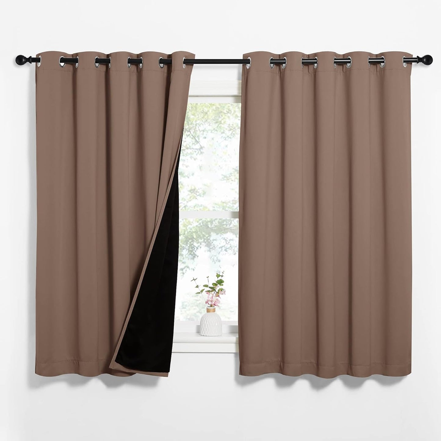 NICETOWN Total Blackout Panels for Nursery, Super Soft, Heavy Duty and Thick Window Treatment Curtains 63 inches Long with Black Lined for Basement, (1 Pair, Cappuccino, 62 inches Wide Each Panel)