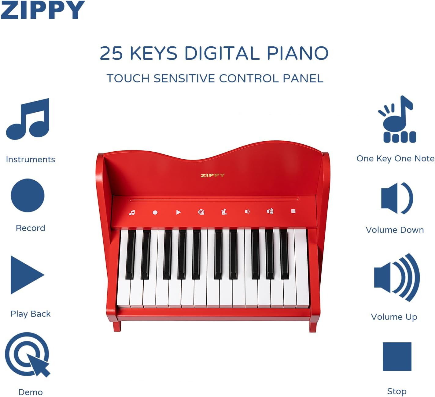 ZIPPY Kids Piano Keyboard, 25 Keys Digital Piano for Kids, Touch Sensitive Control Panel, Volume Adjustable, Mini Music Educational Instrument Toy, Wood Toy for Toddlers Girls Boys (Red)