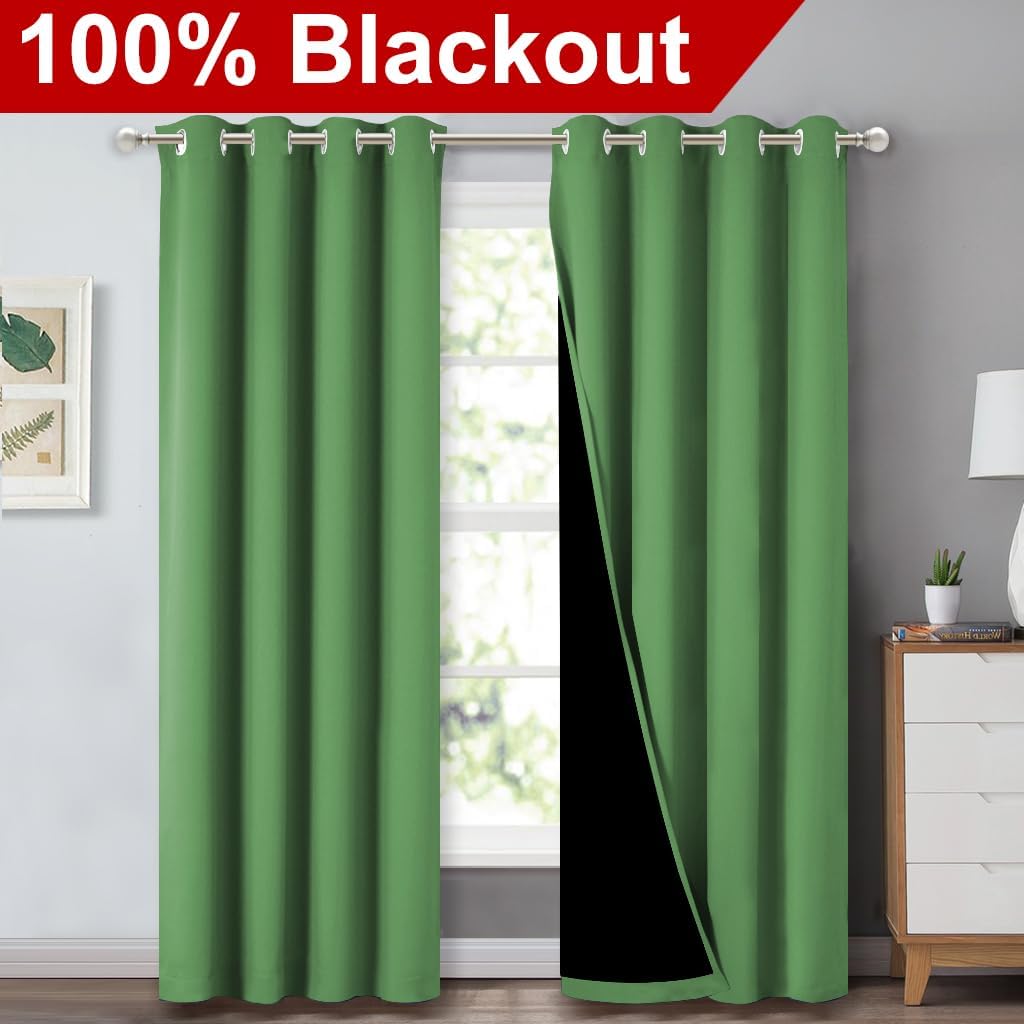 NICETOWN 100% Blackout Curtains 84 inches Long, Forest Green, 52 inches Wide, Pair of Energy Smart & Noise Blocking Out Drapes for Baby Room Window, Thermal Insulated Guest Room Lined Window Dressing