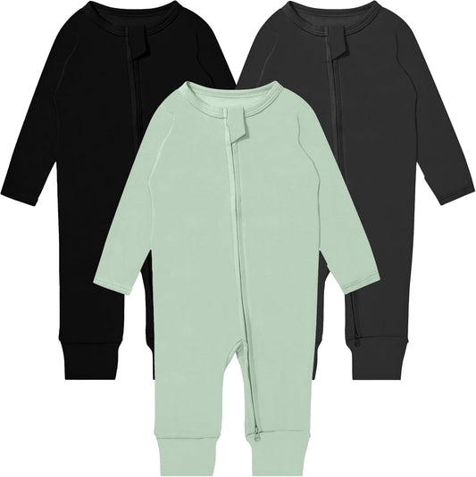 GUISBY Long Sleeve Cotton Pajamas Footless Baby Bodysuits with Zipper and Mittens 3-Pack for Boys Girls