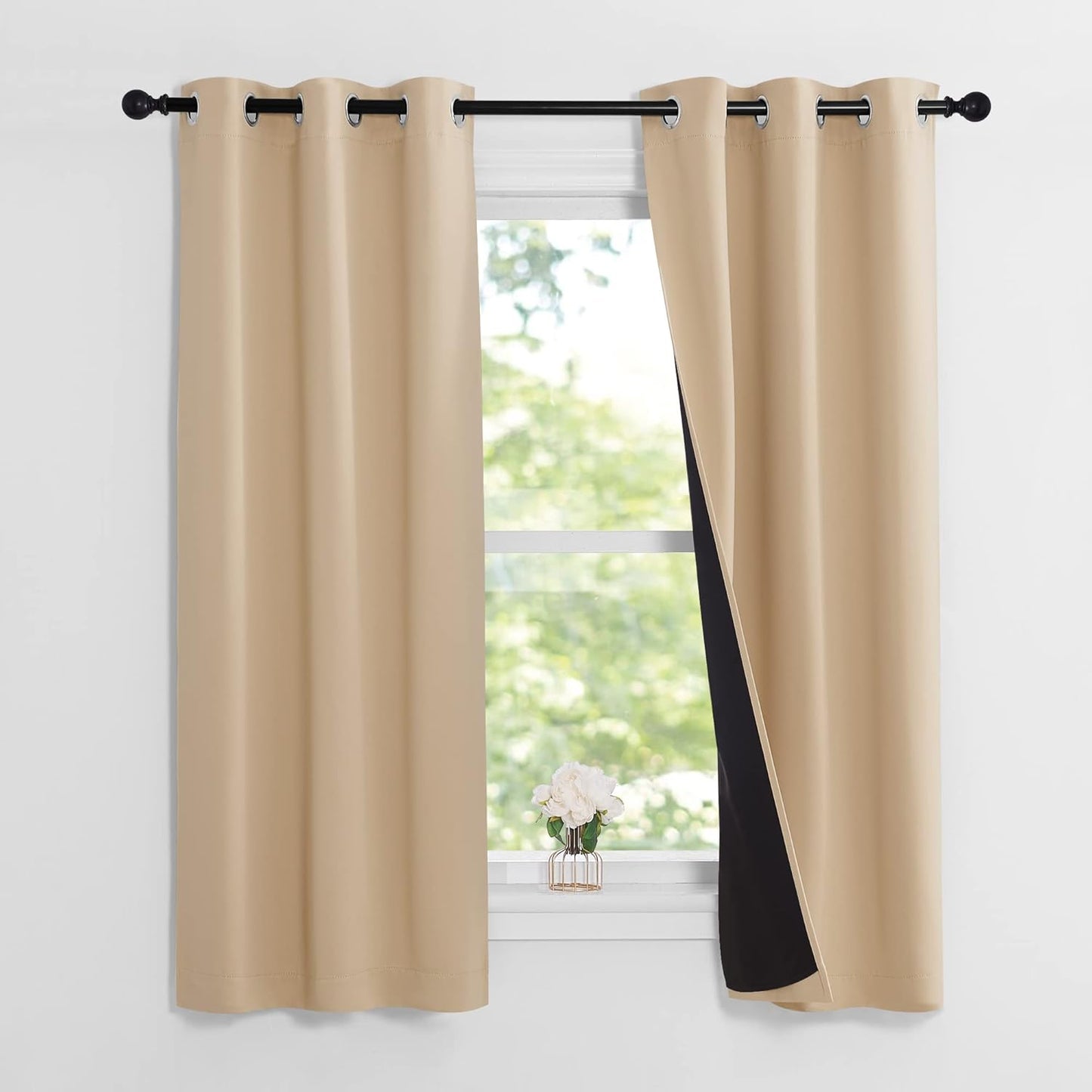 NICETOWN Bedroom Full Blackout Curtain Panels, Set of 2 Pcs, 37 by 60-inch, Biscotti Beige, Super Thick Insulated Grommet Drapes, Double-Layer Blackout Draperies with Black Liner for Small Window