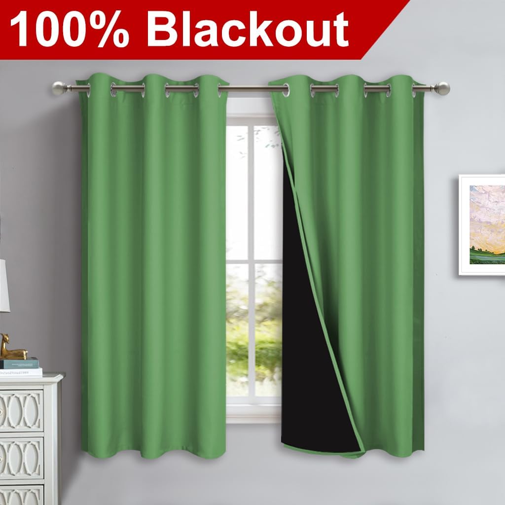 NICETOWN 100% Blackout Curtains 45 inches Long, Forest Green, 1 Pair, 42 inches Width Each Panel, 2 Thick Layers Completely Blackout Window Treatment Thermal Insulated Lined Drapes for Small Window