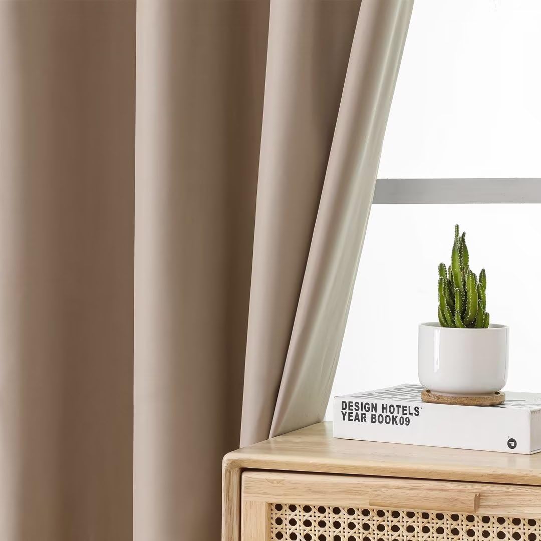 Joydeco Taupe Curtains 63 Inch Length for Bedroom, Solid Blackout Curtains 63 Inch Length for Livingroom, Grommet Thermal Insulated Solid Polyester Room Darkening Curtains 63 Inches Long