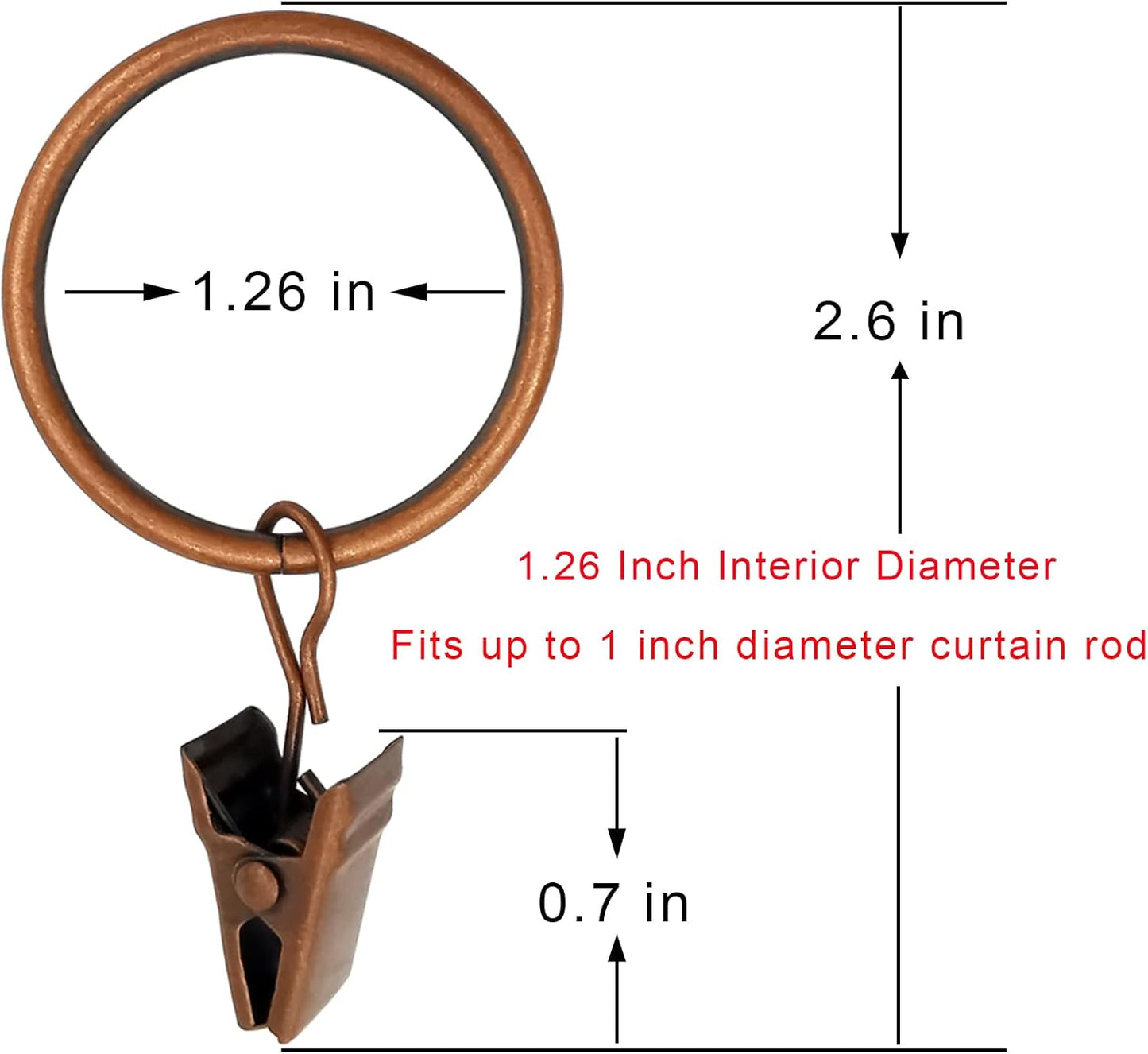 40 Pack Antique Copper Curtain Rings with Clips, Curtain Hooks Hangers Clip Rings for Hanging Drapes Bows Hat, Drapery Rings 1.26 in I D, Fits up to 1 in Diameter Curtain Rod.