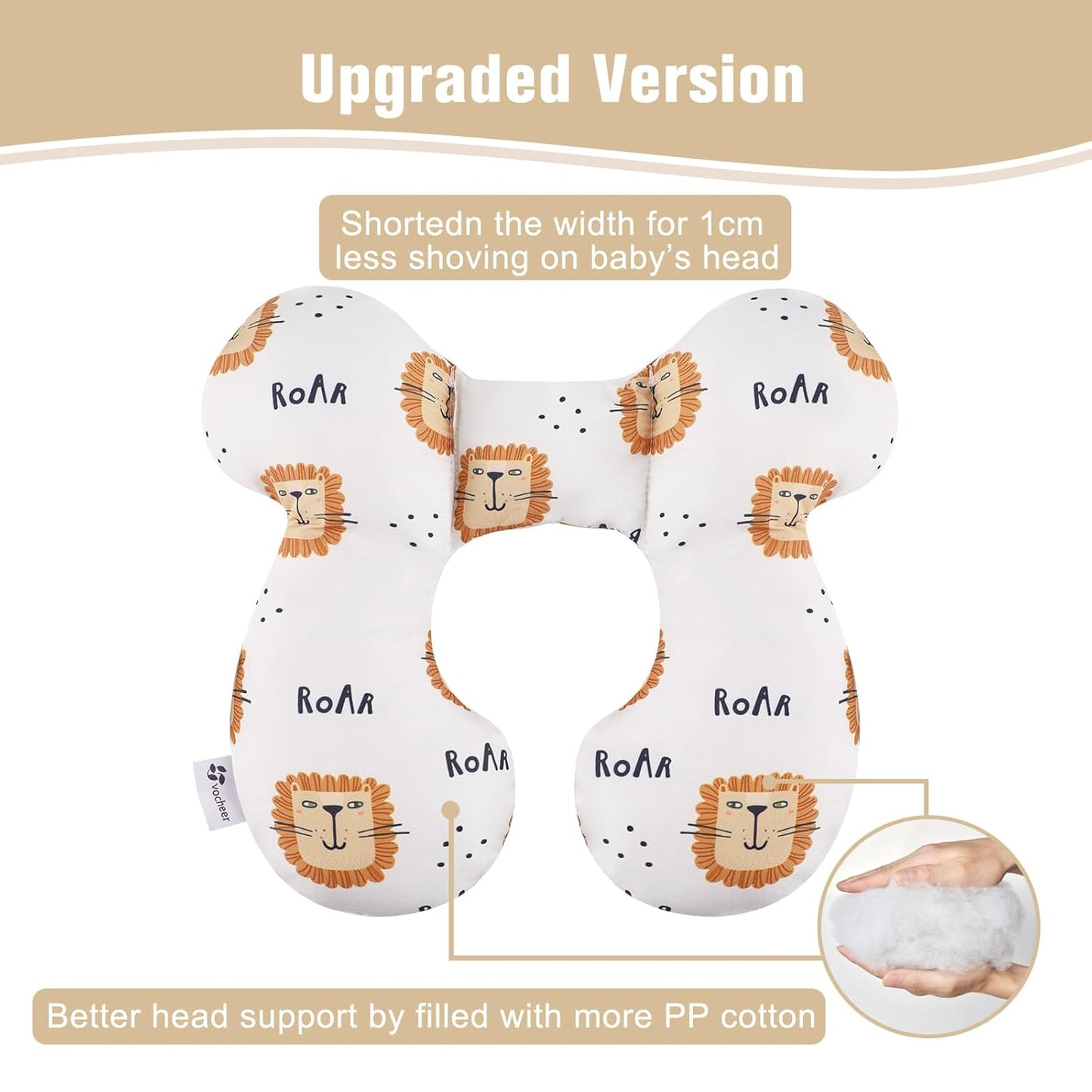 vocheer Baby Travel Pillow(Upgraded), Head and Neck Support Pillow for Pushchair, Car Seat,Stroller, Bouncer, Cotton, Lion