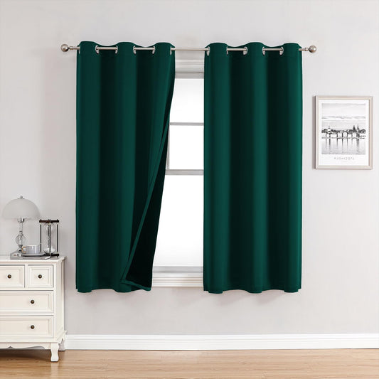ChrisDowa 100% Blackout Curtains for Bedroom with Black Liner, 2 Thick Layers Total Blackout Thermal Insulated Grommet Small Window Curtains 2 Panels Set (Forest Green, 42 x 54 Inch)