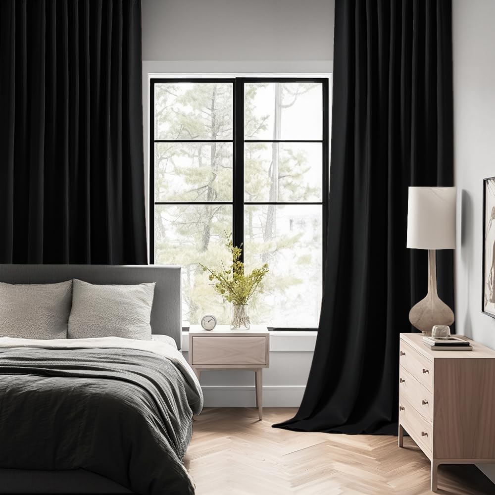 MIULEE Back Tab Blackout Curtains 92 Inch Long 2 Panels Set for Living Room Bedroom, Halloween Black Rod Pocket/Pinch Pleated Thermal Insulated Room Darkening Light Blocking Floor to Ceiling Drapes