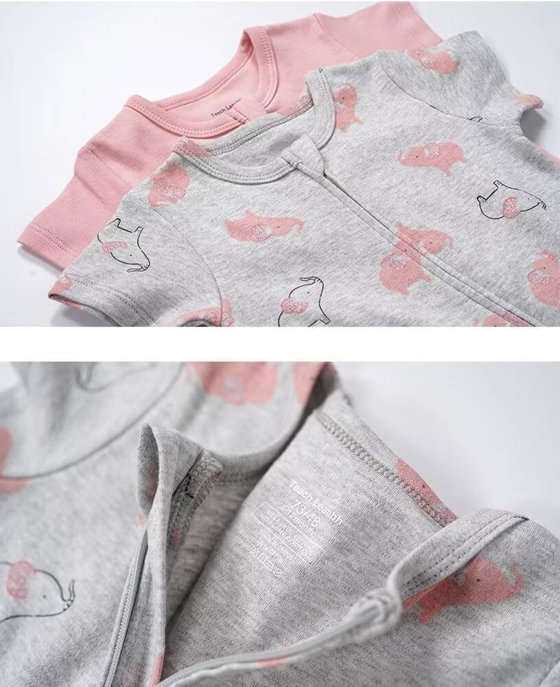 Teach Leanbh Unisex Baby 2 Pack Pajamas Cotton Short Sleeve 2 Way Zipper Printing Soild Romper Jumpsuit Sleep and Play