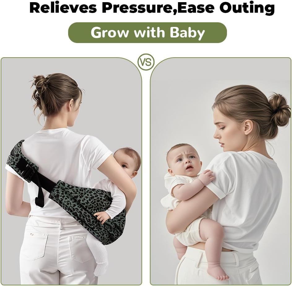 Baby Sling Carrier Adjustable Baby Sling 2025 Upgraded Toddler Sling Comfortable Baby Wrap Carriers Ergonomic-Designed, Travel Friendly Carrying 10-45 Lbs(Green Leopard)
