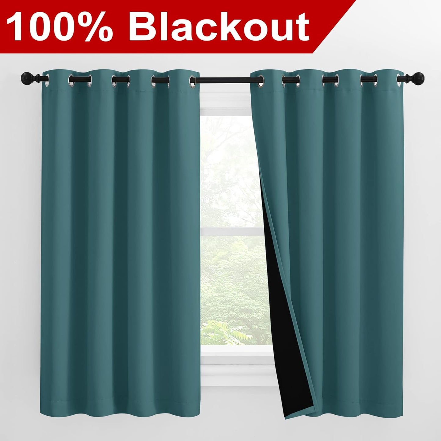 NICETOWN 100% Blackout Curtains with Black Liners, Thermal Insulated 2-Layer Lined Drapes, Room Warming Small Window Draperies for Dining Room (Sea Teal, 2 Panels, 55 inches W by 57 inches L)