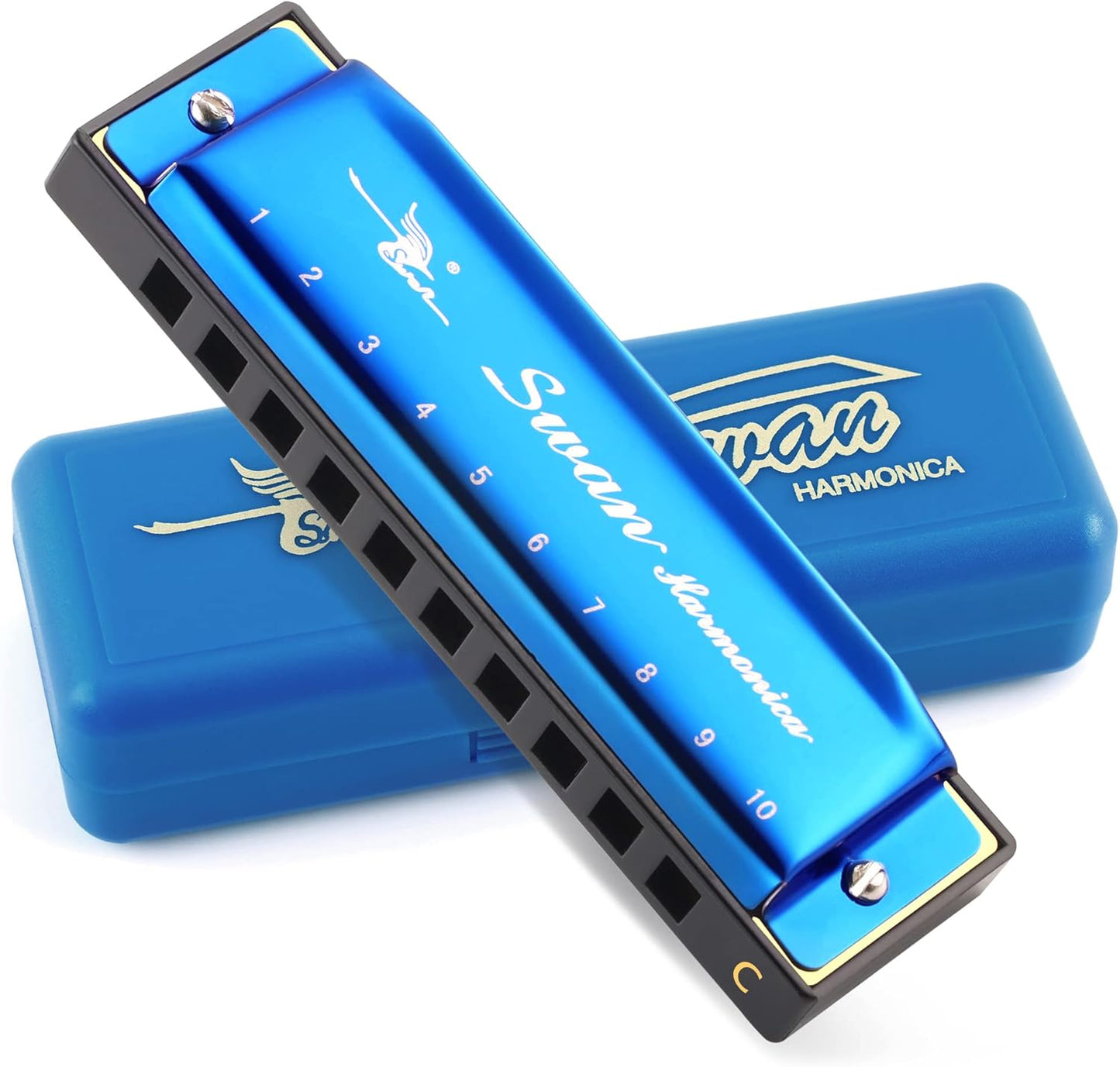SWAN Blues Harmonica Key of C Mouth Organ Diatonic Harmonica with Case, 10 Hole 20 Tones Stainless Blues Harp for Adults, Beginners and Professional (Sapphire Blue)
