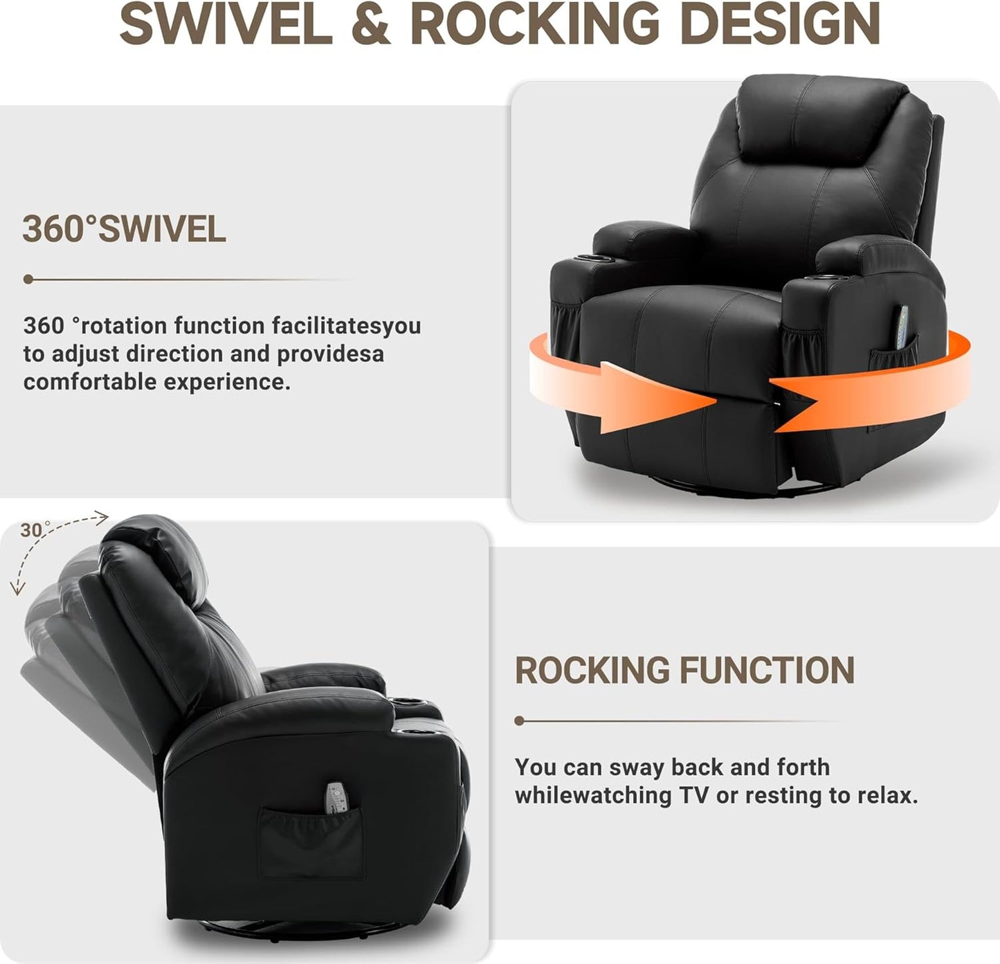 Recliner Chair, Rocking Chair with Massage and Heat, 360° Swivel Recliner Chairs for Adults, Rocker Manual Recliner with Remote Control and Cup Holder for Living Room, Bedroom, Nursery