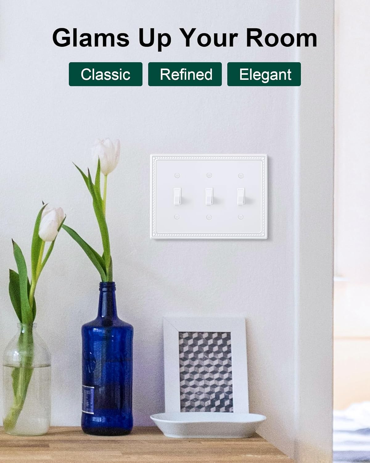 2-Pack Triple Toggle Light Switch Cover Plate, Pearls Decorative Switch Plate Covers, Pure White 3 Gang Metal Wall Plate, Corrosion Resistant