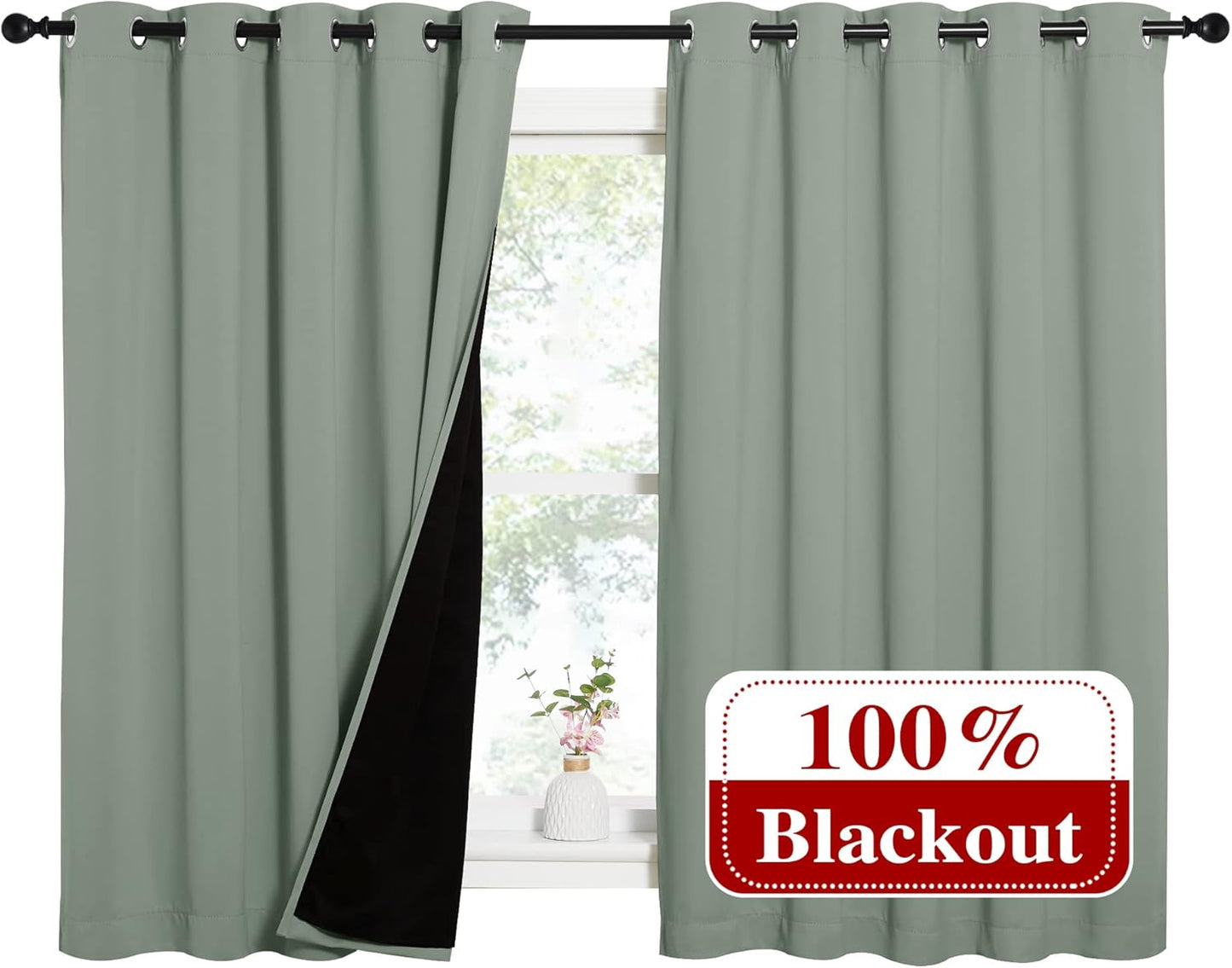 NICETOWN Greyish Green 100% Blackout Lined Curtains, 2 Thick Layers Completely Blackout Window Treatment Thermal Insulated Drapes for Kitchen/Bedroom (1 Pair, 62" Width x 63" Length Each Panel)