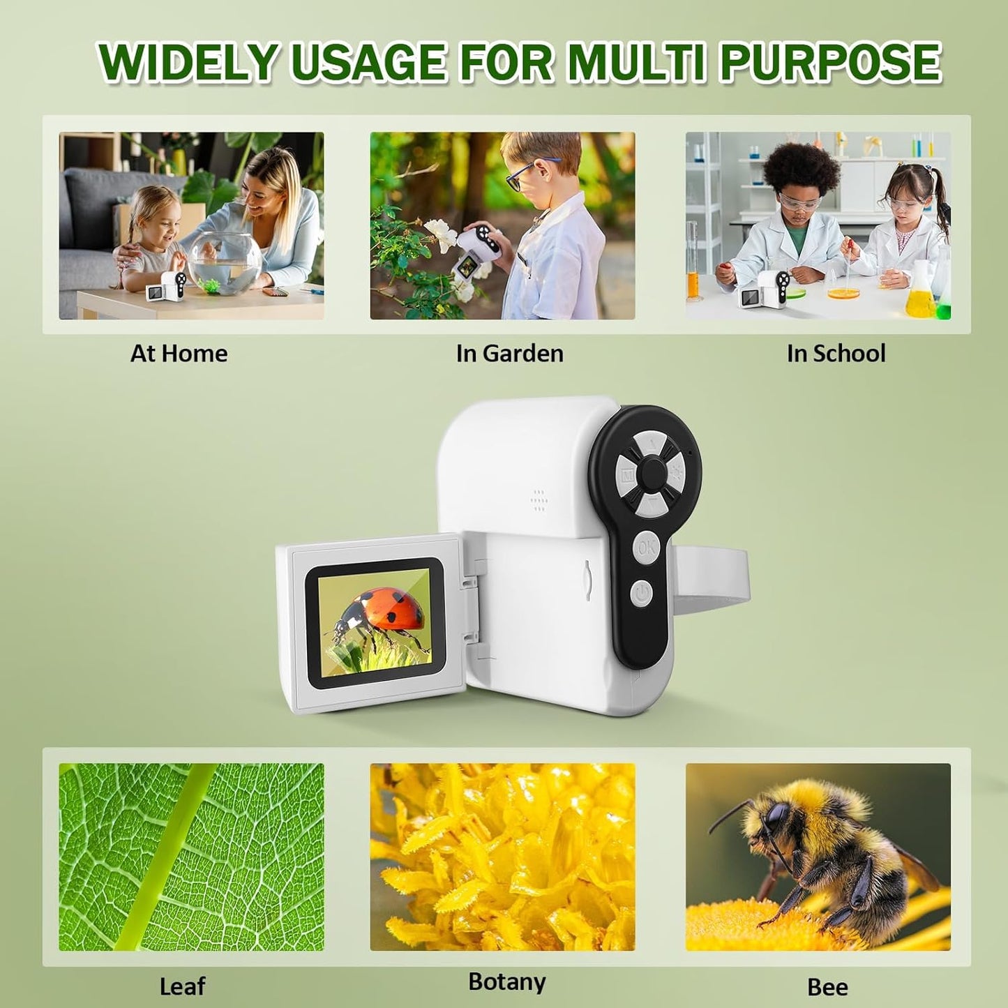 1000X Handheld Microscope for Kids, 4K 2.0" Screen Mini Pocket Microscope with 6 Adjustable LED Lights, Edu Science Birthday Gifts for Kids Ages 8-12, 32G SD Card Included