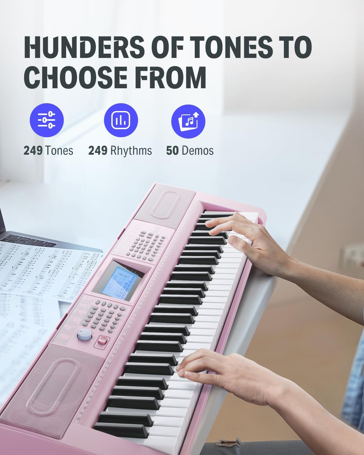 Donner Keyboard Piano 61 Key, Electric Keyboard Kit with 249 Voices, 249 Rhythms - Includes Piano Stand, Stool, Microphone, Gift for Beginners, Pink(DEK-610S)