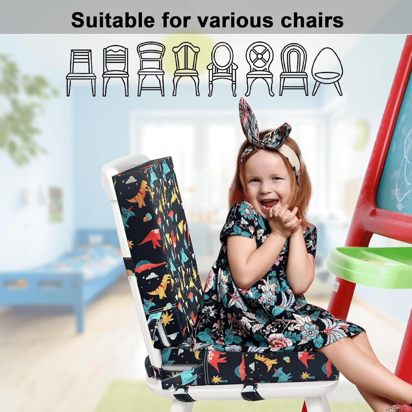Toddler Booster Seat for Dining Table, Kids Booster Seat for Kitchen Chair with Backrest and Adjustable Straps, Non-Slip Portable PU Waterproof Travel Camping Eating Baby Booster Increasing Cushion