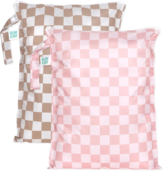 Bumkins - Waterproof Wet Bag - For Baby, Travel, Swim Suit, Cloth Diapers, Pump Parts, Pool, Gym, Toiletry, Strap to Stroller - Reusable & Easy to Clean - 2pk - Beige & Pink Check