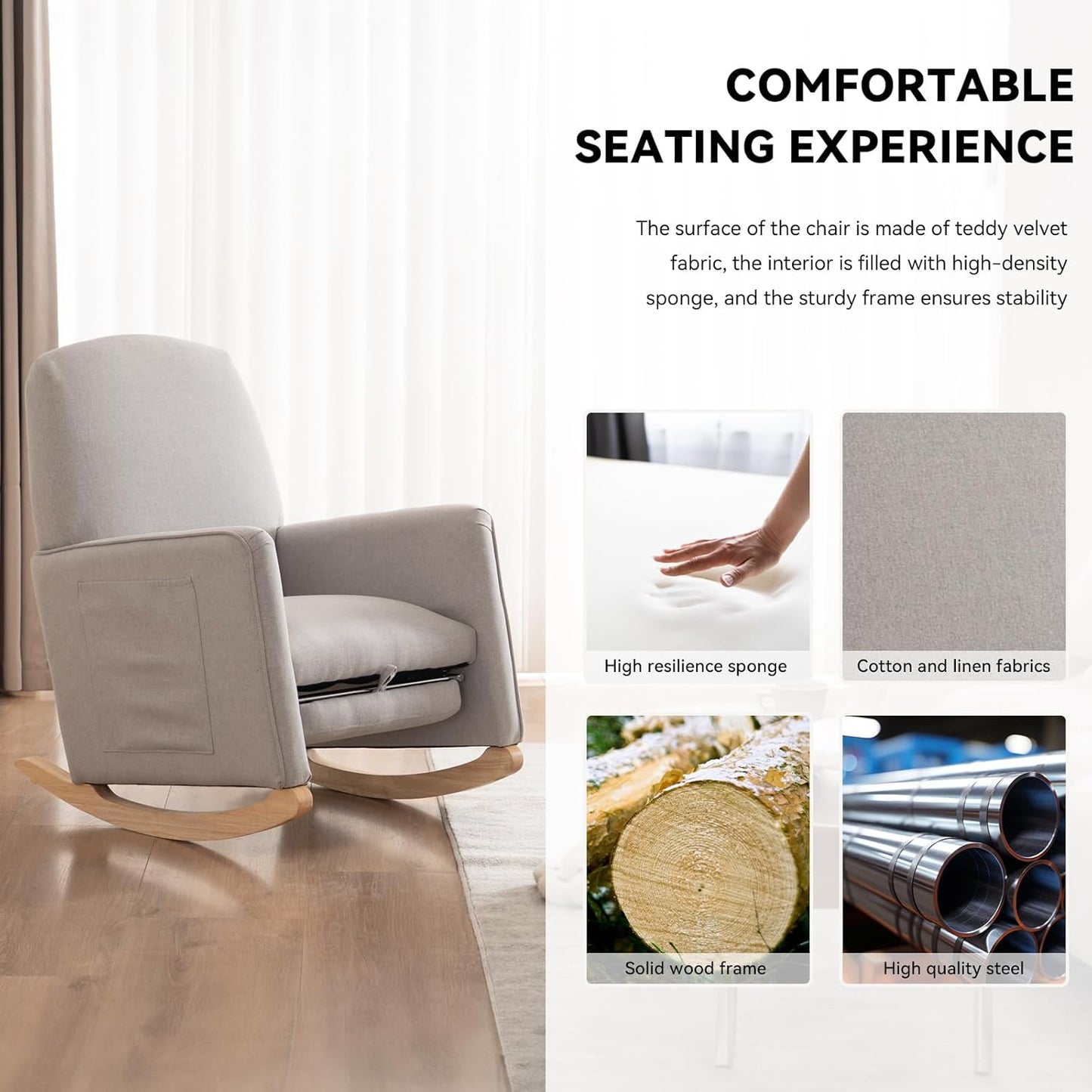 FOXHUNTER Rocking Chair Nursery with Adjustable Footrest and High Backrest, Upholstered Glider Chairs with Side Pockets for Nursery, Rocker Armchair Indoor for Living Room,Light Gray