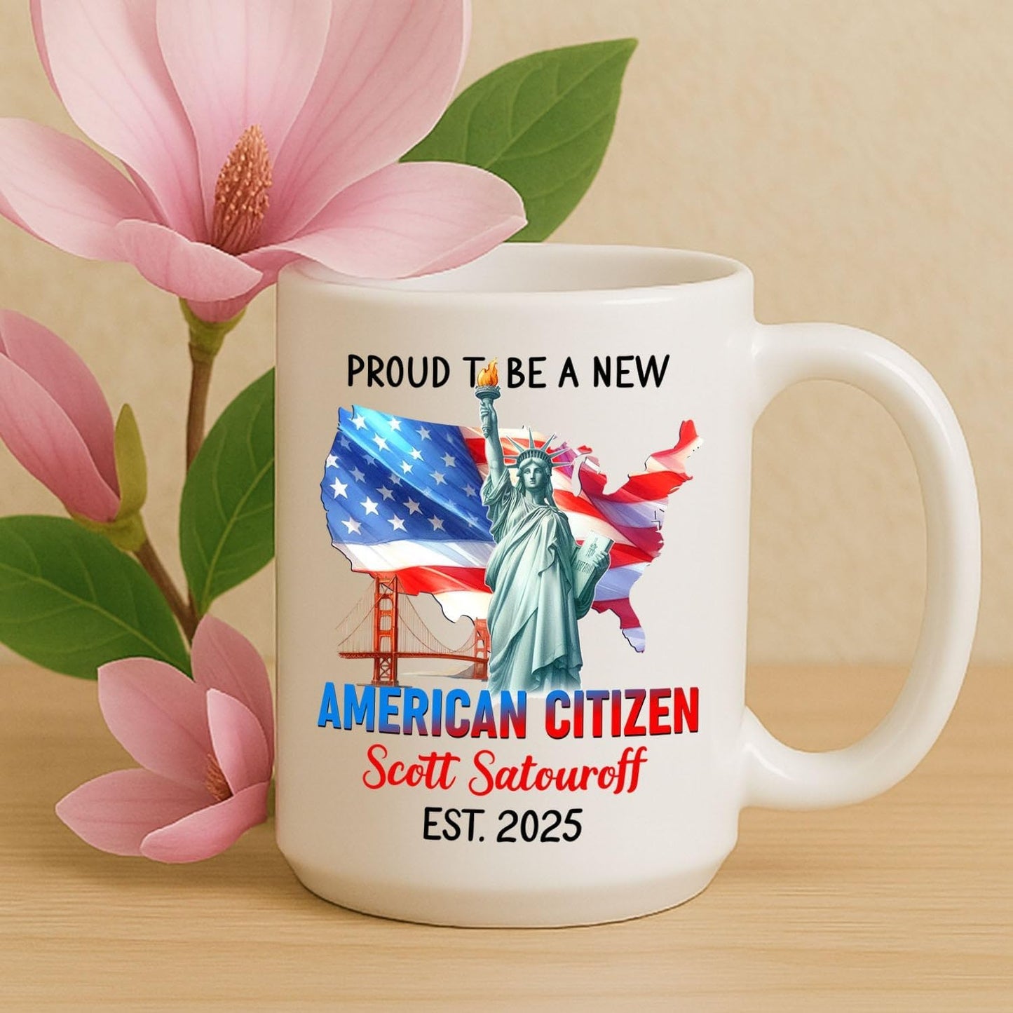 Proud To Be A New American Citizen White Coffee Mug, Personalized Citizenship Celebration Coffee Cup Gift For New Us Citizen, American Citizens Mug 11Oz 15Oz, Customized Year & Name Citizenship Cup