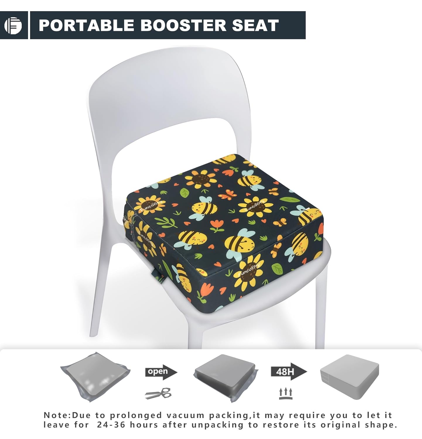 Toddler Booster Seat for Dining Table, Portable Booster Seat for Kitchen Chair, 4 Inch High-Density Foam Cushion with Adjustable Safety Straps and Non-Slip Bottom, Perfect for Kids Travel and Daily