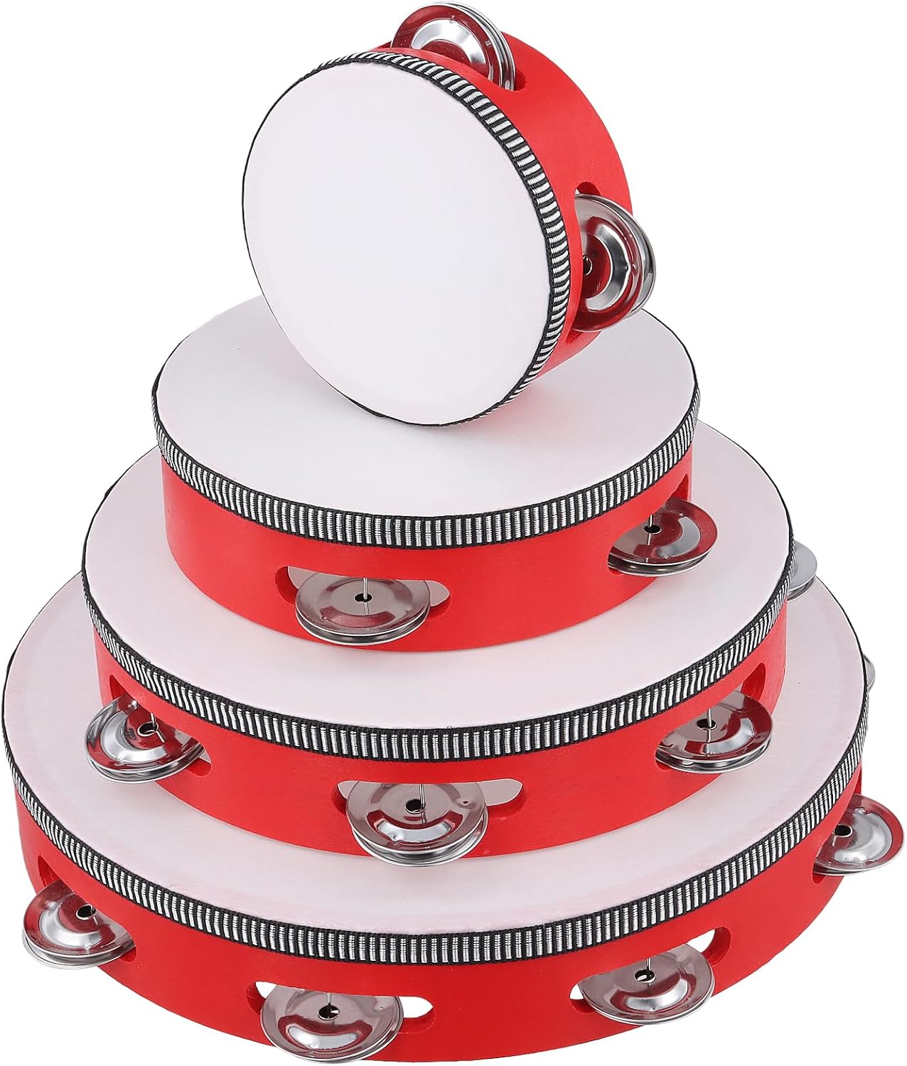 4 PCS 4" 6" 8" 10" Red Wooden Tambourine Set, Musical Instrument Tambourine Set, Handheld Drum Bell Metal Jingles Single Row Percussion for Church, Party