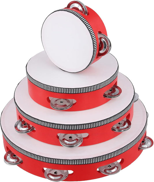 4 PCS 4" 6" 8" 10" Red Wooden Tambourine Set, Musical Instrument Tambourine Set, Handheld Drum Bell Metal Jingles Single Row Percussion for Church, Party